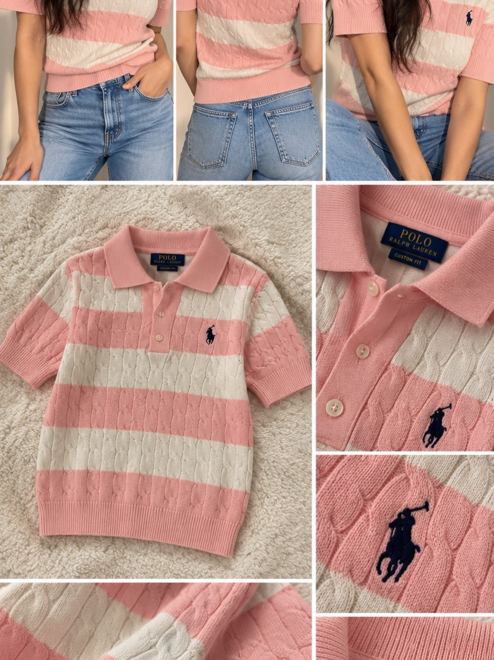 Polo by Ralph Lauren Pink & White Cable-Knit Stripe Polo